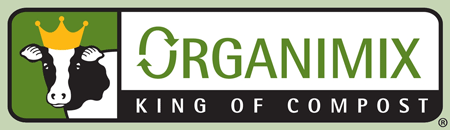 Organimix "King of Compost" logo. The "O" in "Organimix" is formed by two arrows that created a loop. There is a drawing of the head and shoulders of a cow wearing a crown.