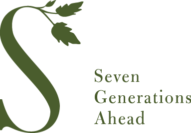 Seven Generations Ahead logo, consisting of the words in green font, with a large S to their left. The top tip of the S ends in three branching leaves.