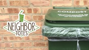 Neighbor Totes logo next to a green, lined 32-gallon tote